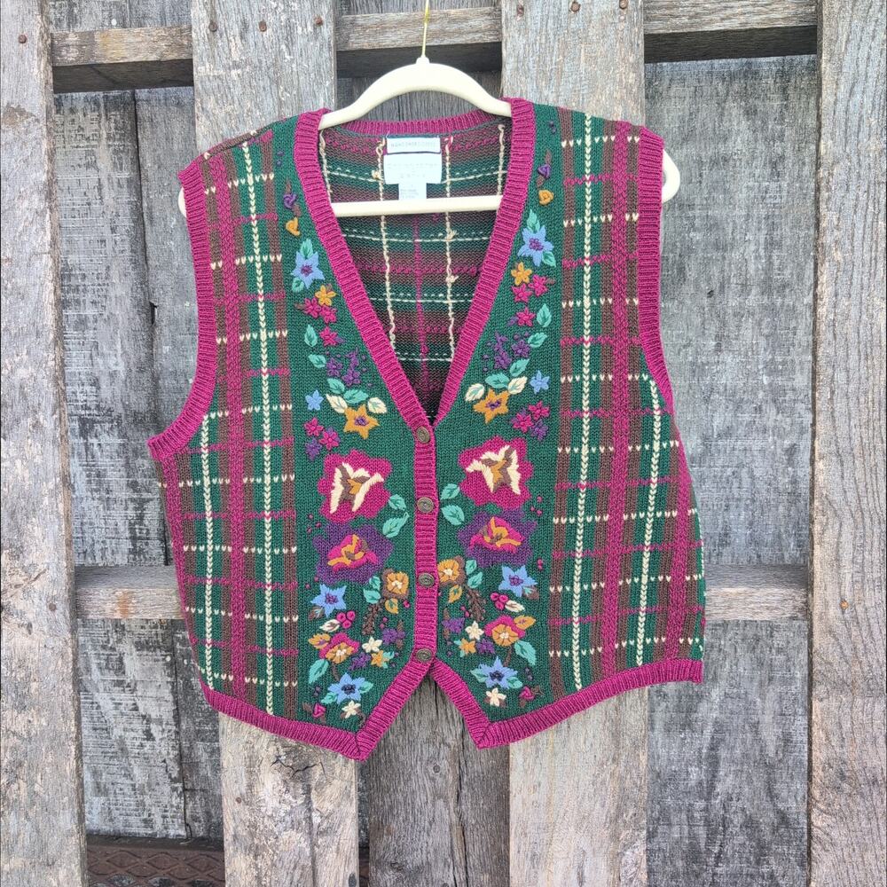 Christopher & Banks Hand Embroidered Vest Burgundy Green Women's L